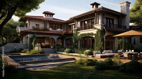 panoramic view of a luxury villa with swimming pool and garden