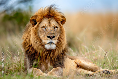 A lion is laying down in the grass. The lion is looking at the camera