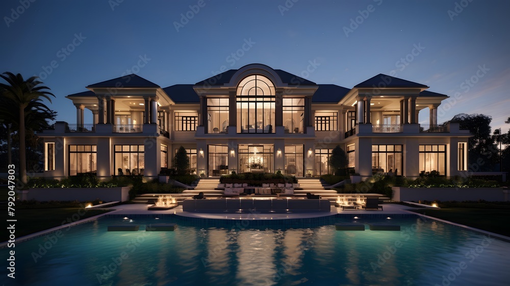 Panoramic view of luxury home with swimming pool at night.