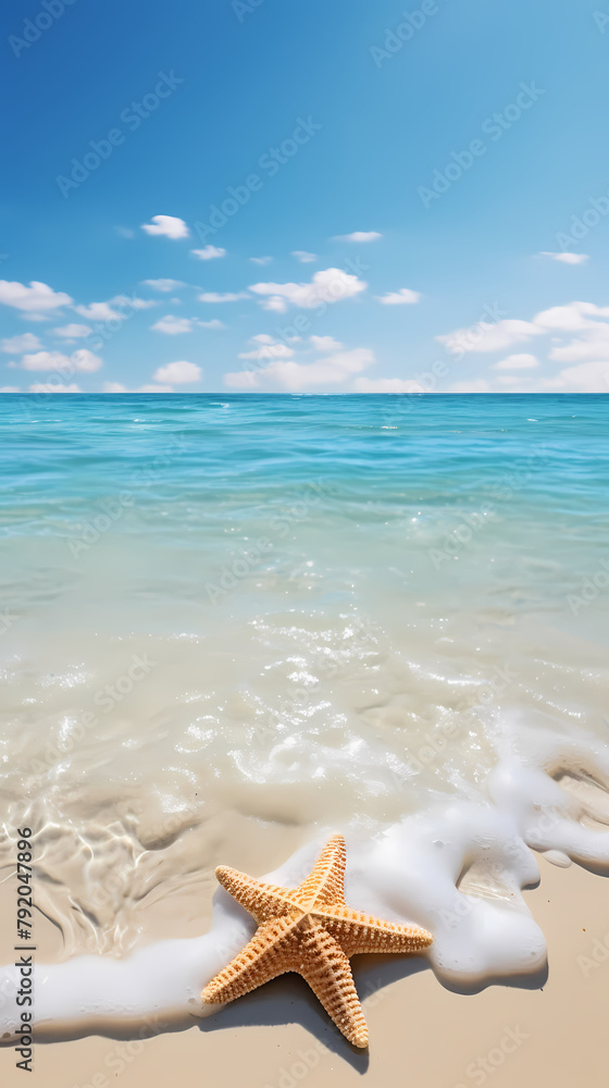 Beautiful beach with soft waves and starfish on the sand Beautiful beach with soft waves and starfish on the sand