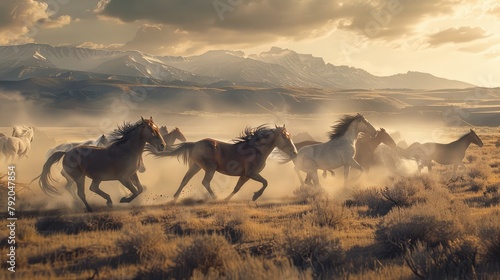 A herd of wild horses galloping across an expansive prairie  their powerful muscles rippling beneath sleek coats as they kick up dust and exude the spirit of untamed freedom.