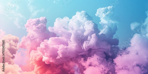 A colorful cloud with pink, purple, and blue hues. The sky is blue and the clouds are fluffy