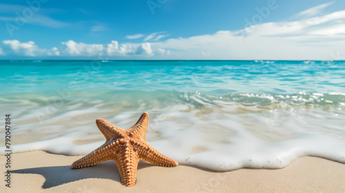 Beautiful beach with soft waves and starfish on the sand © Derby