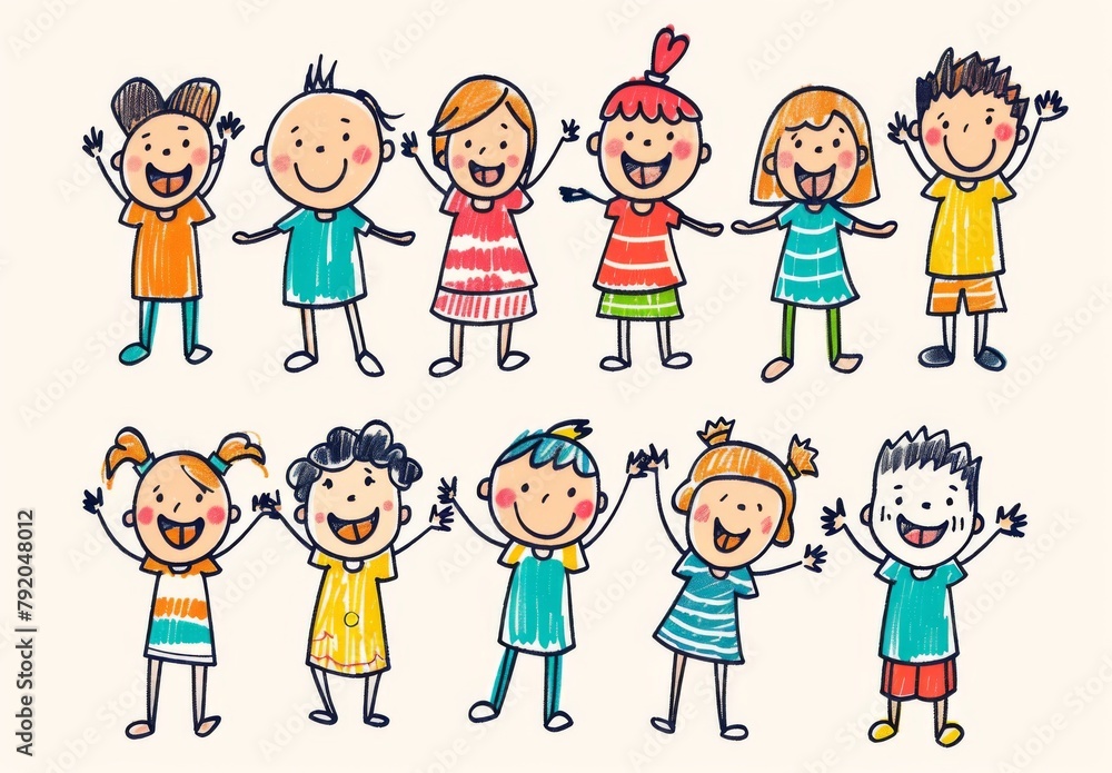A collection of simple children's drawings, featuring various happy people in different poses and . The characters should be drawn with bold lines and flat colors typical for childlike illustrations A collection of simple children's drawings, featuring various happy people in different poses and . The characters should be drawn with bold lines and flat colors typical for childlike illustrations