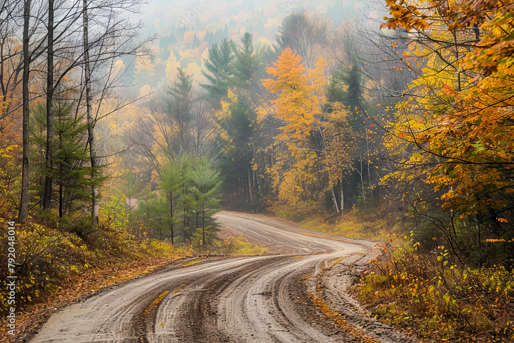 A road with trees on both sides and a foggy sky. The road is muddy and the trees are full of leaves A road with trees on both sides and a foggy sky. The road is muddy and the trees are full of leaves