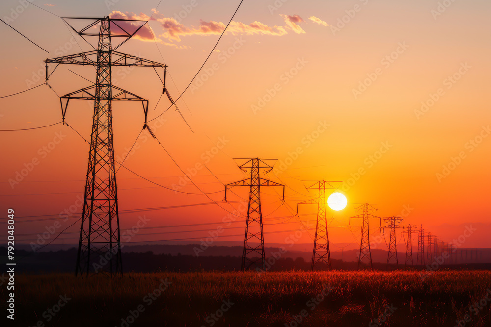 A sunset over a field with a line of power lines. The sky is orange and the sun is setting