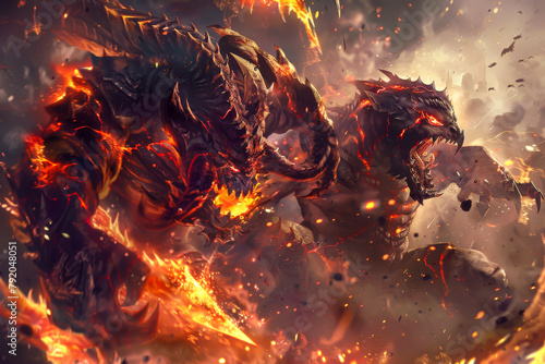 Two dragons are fighting in a fiery battle. The flames are intense and the air is thick with smoke. Scene is intense and chaotic, as the two creatures battle for dominance photo