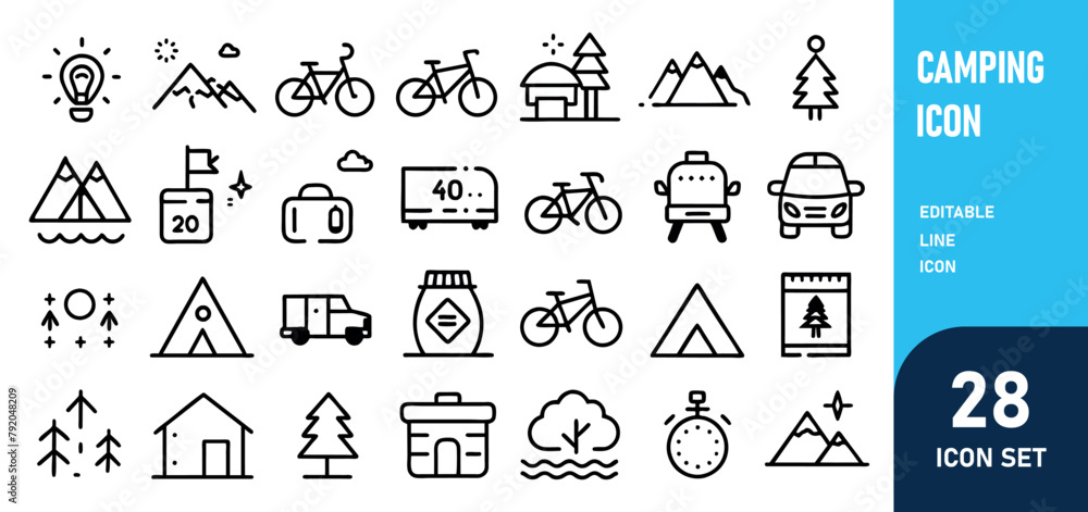 Camping Line Editable Icons set. Vector illustration in modern thin line style of outdoor activities related icons hiking, fishing, mountain biking, and more. Pictograms and infographics for mobile