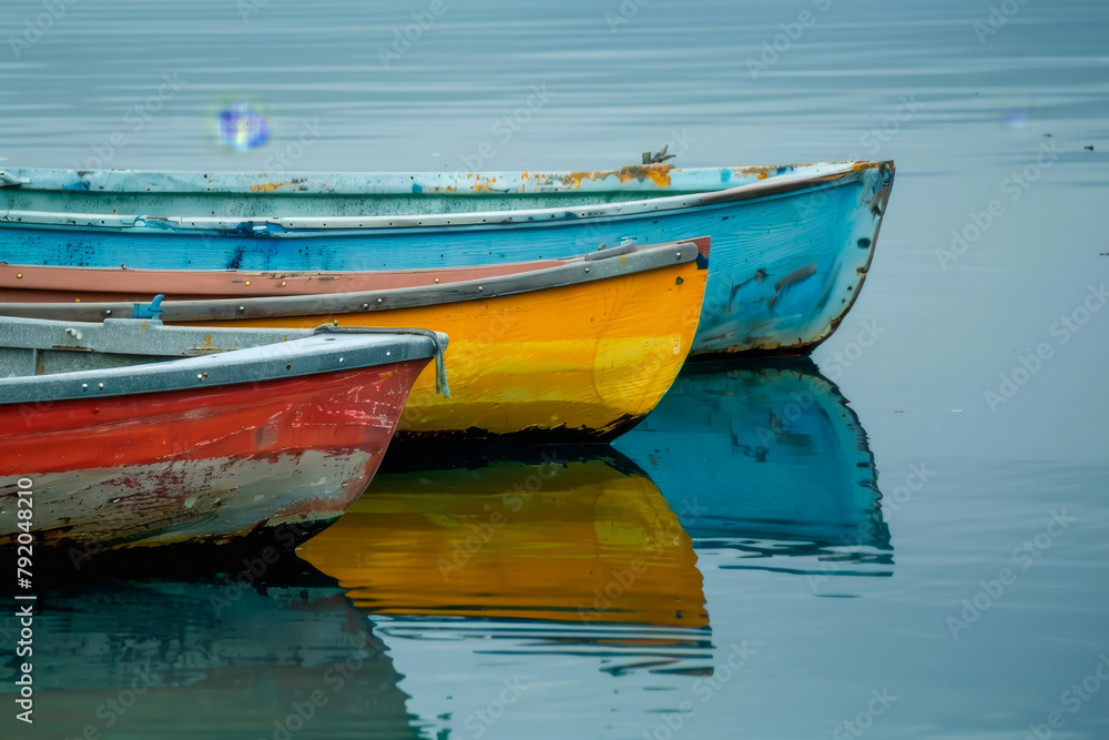 Three boats are sitting in the water, one of which is yellow. The water is calm and the boats are reflecting the sky above