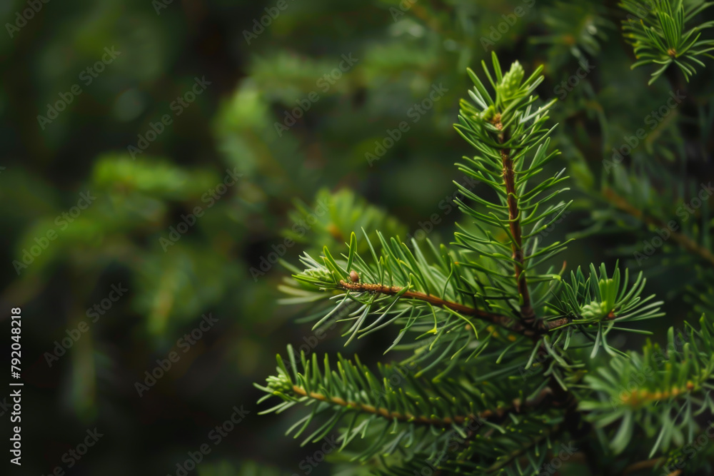 A close up of a green pine tree branch. The branch is full of green needles and has a fresh, vibrant look A close up of a green pine tree branch. The branch is full of green needles and has a fresh, vibrant look