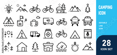 Camping Line Editable Icons set. Vector illustration in modern thin line style of outdoor activities related icons hiking, fishing, mountain biking, and more. Pictograms and infographics for mobile