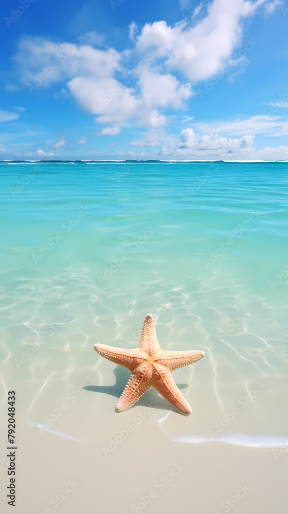 Beautiful beach with soft waves and starfish on the sand Beautiful beach with soft waves and starfish on the sand