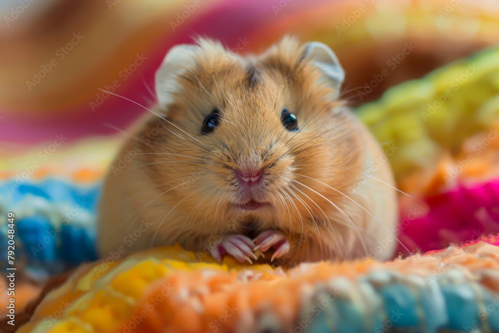 A small brown and white hamster is sitting on a colorful blanket. The hamster has a curious expression on its face and is looking at the camera A small brown and white hamster is sitting on a colorful blanket. The hamster has a curious expression on its face and is looking at the camera