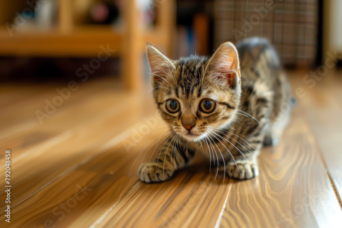 A kitten is walking on a wooden floor. The kitten is looking at the camera with a curious expression © VicenSanh