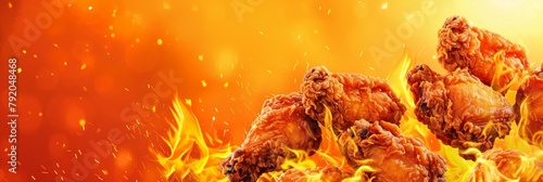 A close up of a plate of fried chicken with a fiery orange background. Concept of excitement and indulgence, as the bright orange background and the golden brown chicken create a visually appealing