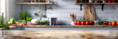 A kitchen with a wooden countertop and a variety of fruits and vegetables. Scene is warm and inviting, with the abundance of fresh produce suggesting a healthy and homey atmosphere photo