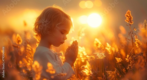 A little girl is praying with her hands folded in front of the sun, in a beautiful sunset landscape. She has short blonde hair and wears white pajamas. The background features
