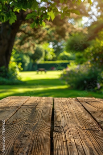 Empty wooden table in summer background with the blurred green garden