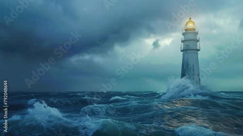 A historic lighthouse standing sentinel against the tumultuous sea, its whitewashed walls weathered by centuries of salt and spray. photo