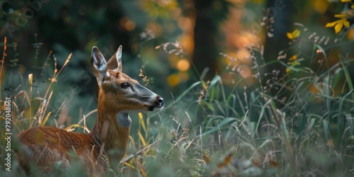 A deer is standing in a field of tall grass. The grass is brown and dry, and the deer is looking to the right photo