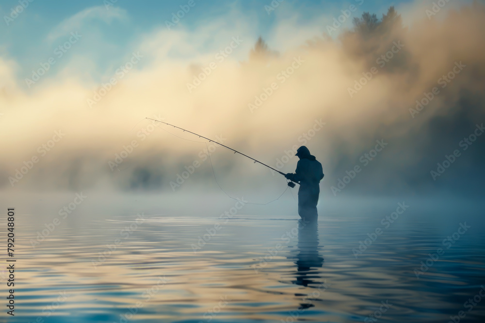 A man is fishing in a lake with foggy weather. The man is wearing a white jacket and is standing in the water