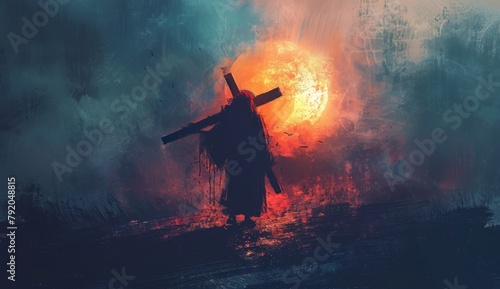 A minimalist digital art depiction of Jesus carrying the cross, with an ethereal background and soft lighting. The figure is silhouetted against a large circle of light, symbolizing divine presence.