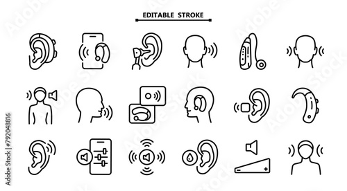 Hearing aid outline icons set. Editable stroke. Volume booster for ears, for the deaf old and young. For better hearing, simple icon collection.
