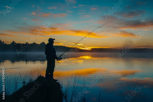 A man is fishing in a lake at sunset. The sky is orange and the water is calm