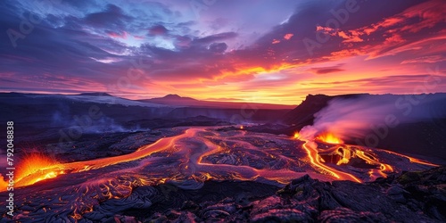 A lava field with a beautiful orange sky in the background. The sky is filled with clouds and the sun is setting photo