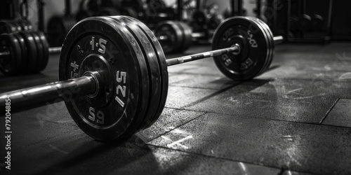 A black and white photo of a weight room with a barbell on the floor. The barbell is labeled with the numbers 1-5