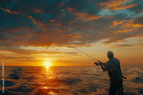 A man is fishing in the ocean at sunset. The sky is filled with clouds and the sun is setting, creating a beautiful and serene atmosphere