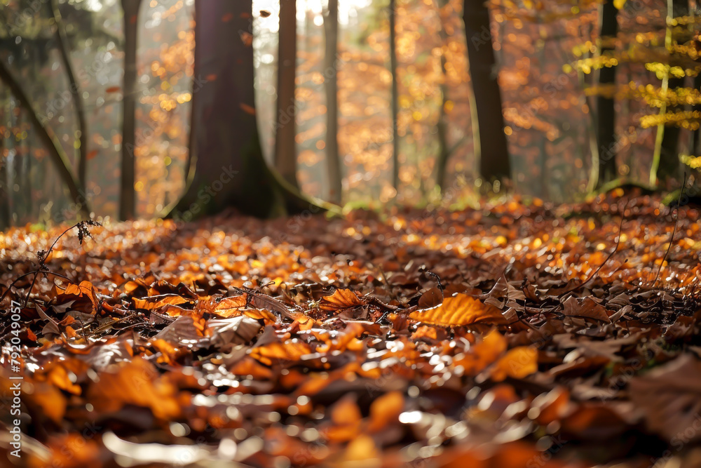 A forest floor covered in autumn leaves. The leaves are scattered all over the ground, creating a beautiful and serene atmosphere. The sunlight peeking through the trees adds a warm A forest floor covered in autumn leaves. The leaves are scattered all over the ground, creating a beautiful and serene atmosphere. The sunlight peeking through the trees adds a warm