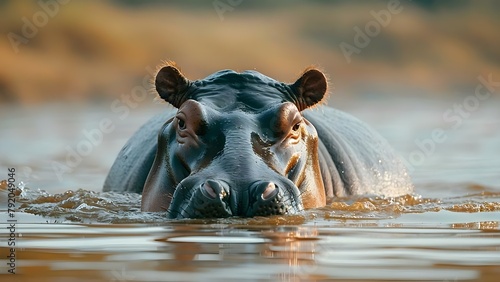 Hippopotamus swimming peacefully in water only head visible enjoying a relaxing dip. Concept Wildlife Photography, Relaxing Nature Moments, Aquatic Animals, Peaceful Encounters, Hippopotamus in Water