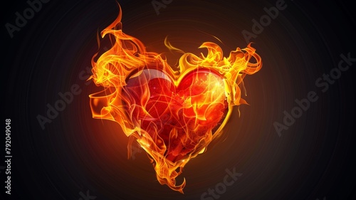 Burning heart silhouette with fiery glow - A captivating heart silhouette ablaze with fiery textures, set against a dark backdrop, evoking deep love or passion