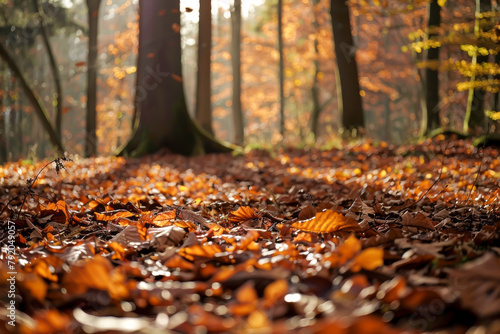 A forest floor covered in autumn leaves. The leaves are scattered all over the ground, creating a beautiful and serene atmosphere. The sunlight peeking through the trees adds a warm