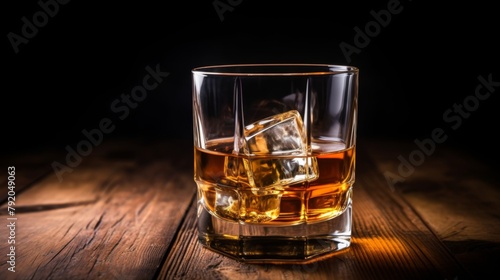 A classy whiskey glass with two ice cubes, perfect for showcasing the elegance of an alcoholic beverage. The glass is isolated on a white background, enhancing its visual appeal. photo