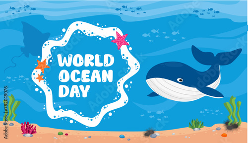 World Ocean Day banner poster with whale, algae, fish, coral, sea urchin and starfish