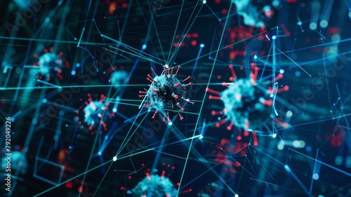 Digitally generated virus in a network - A compelling digital representation of a virus within a network of interconnected lines and nodes, symbolizing infection and cybersecurity photo