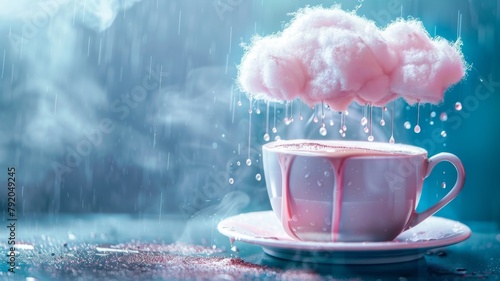 Rainy scene over pink cup with clouds - A conceptual photograph of a pink teacup with fake clouds and rain creating a melancholic and peaceful scene