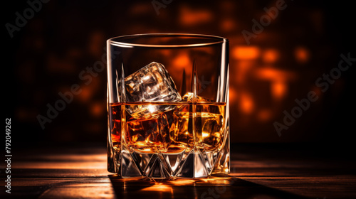 Whiskey stock photo capturing the rich amber tones of a poured whiskey glass on a rustic wooden surface, evoking warmth and relaxation. photo