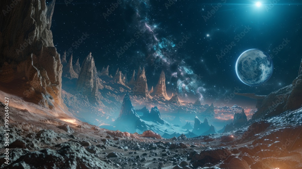 Exotic cosmic landscape with vivid sky - A dreamscape of a cosmic landscape featuring sharp cliffs and a starry sky with celestial bodies, symbolizing mystery - obrazy, fototapety, plakaty 