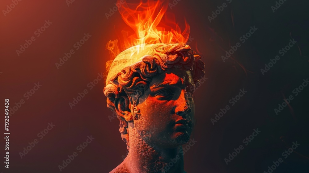 Artistic face sculpture with fire effect - A face sculpture obscured by a colored square with a vivid, fiery effect representing passion