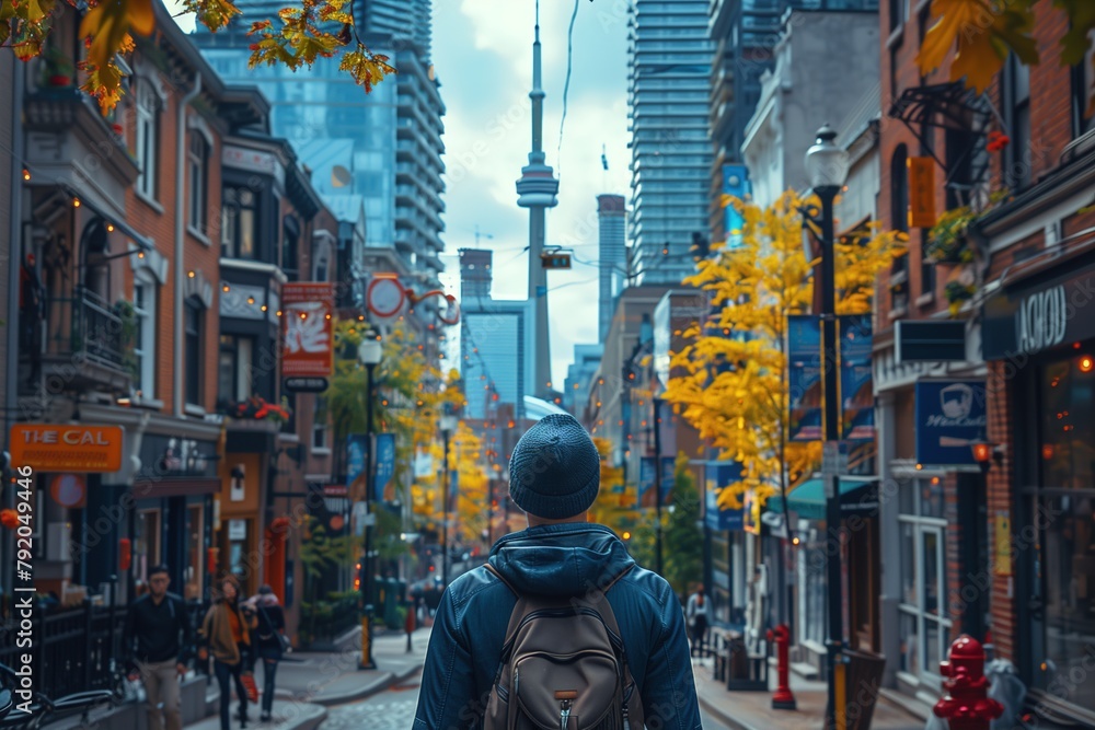 Obraz premium Man Walking Down City Street With Backpack