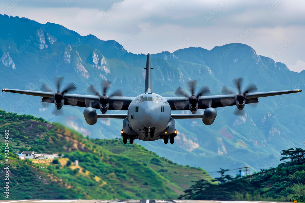 A large jet is flying over a mountain range. The plane is in the air and has four propellers. The mountains are in the background and the sky is cloudy A large jet is flying over a mountain range. The plane is in the air and has four propellers. The mountains are in the background and the sky is cloudy