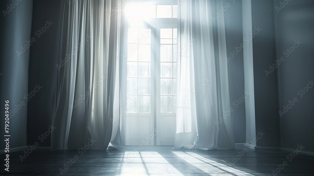 A backlit window with white curtains in an empty room