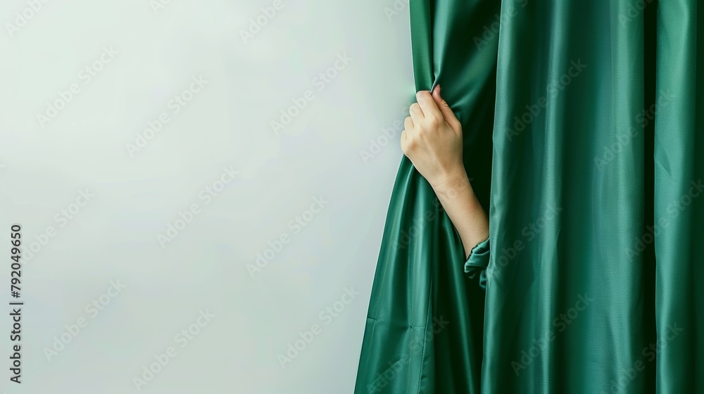 A human hand pulls back a green curtain against a white background A human hand pulls back a green curtain against a white background