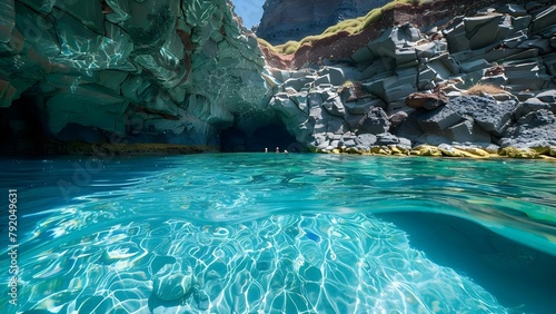 Hidden swimming spot in Santorini cliffs for a tranquil dip in clear waters. Concept Hidden Beaches, Santorini, Tranquil Swim, Clear Waters, Cliff Diving
