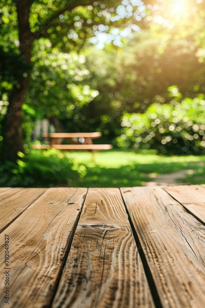 Empty wooden table in summer background with the blurred green garden Empty wooden table in summer background with the blurred green garden