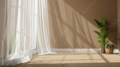 Air flows through a sheer white curtain blowing in from an open window  set against a beige brown wall with a carpeted floor  ideal for showcasing interior design and home ventilation products in 3D