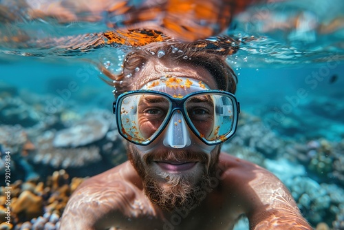 Man Wearing Mask and Goggles Underwater